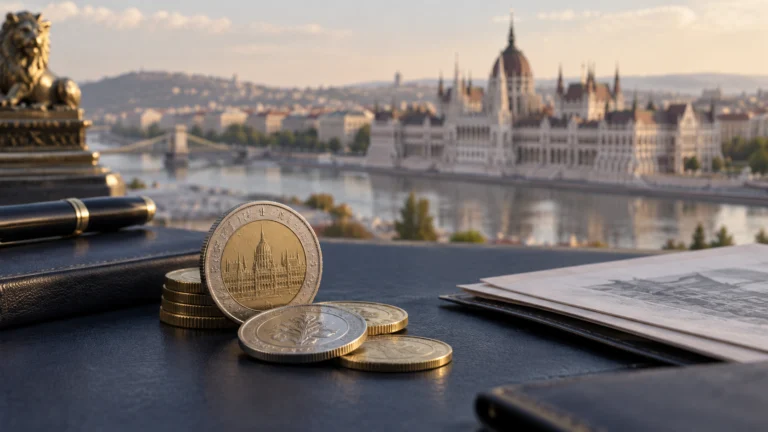 Illustrazione del fiorino ungherese con monete e documenti finanziari davanti al profilo di Budapest.