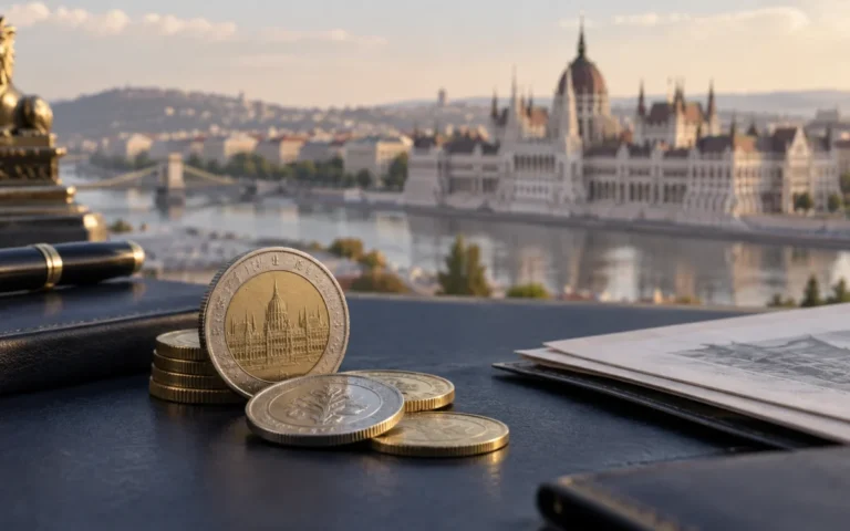 Illustrazione del fiorino ungherese con monete e documenti finanziari davanti al profilo di Budapest.