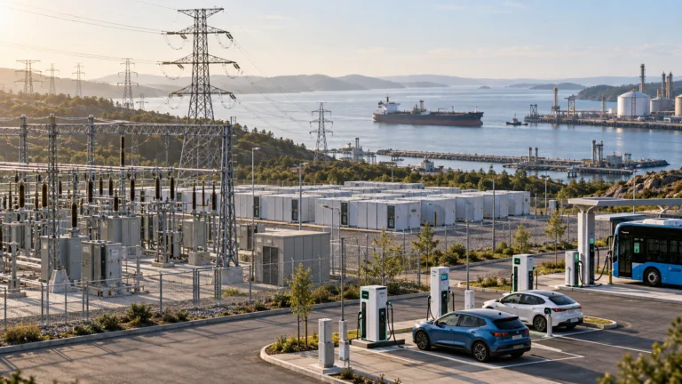 Rete elettrica, batterie e veicoli in ricarica davanti a un porto energetico con una petroliera