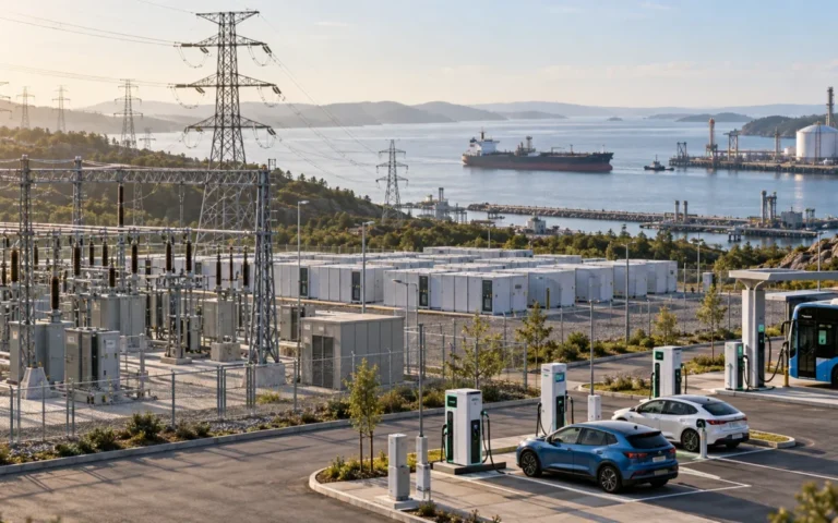 Rete elettrica, batterie e veicoli in ricarica davanti a un porto energetico con una petroliera