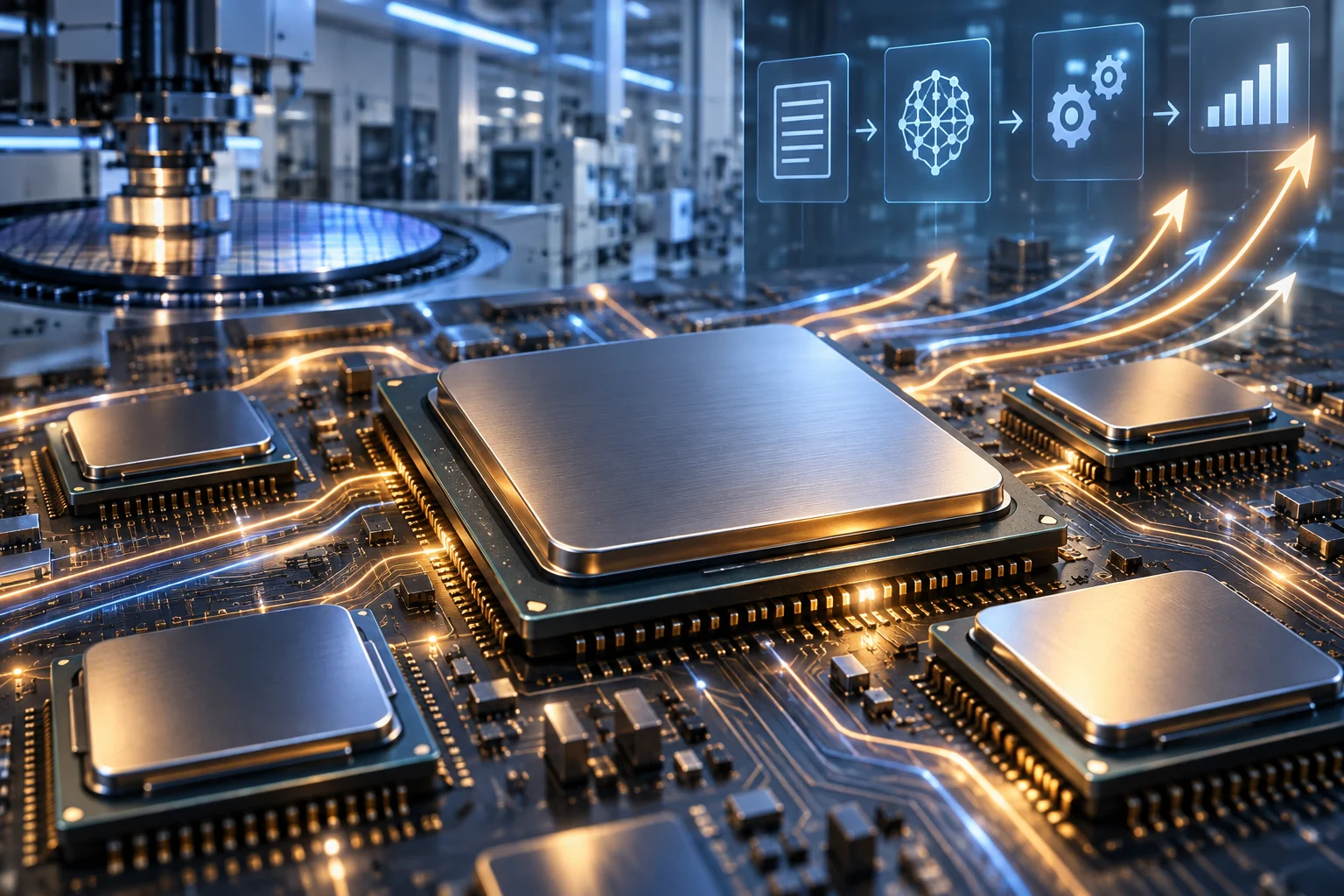 Illustrazione di processori CPU con linee luminose in un impianto di semiconduttori