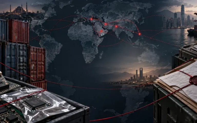 Illustrazione concettuale di container, componenti elettronici e rotte internazionali bloccate su una mappa