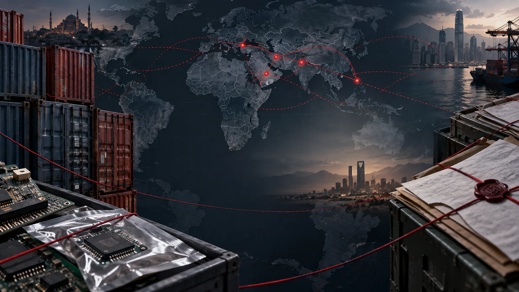 Illustrazione concettuale di container, componenti elettronici e rotte internazionali bloccate su una mappa