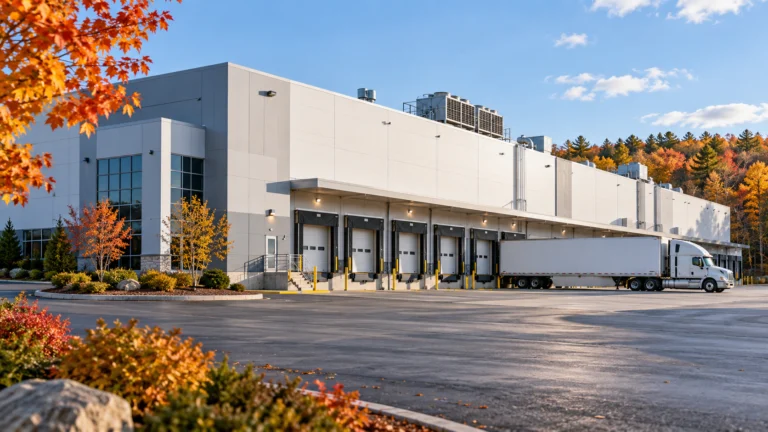 Illustrazione generata con IA di un magazzino logistico con baie di carico e camion; non raffigura Worcester Distribution Center.