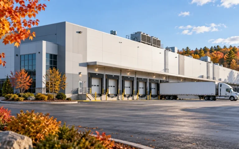Illustrazione generata con IA di un magazzino logistico con baie di carico e camion; non raffigura Worcester Distribution Center.