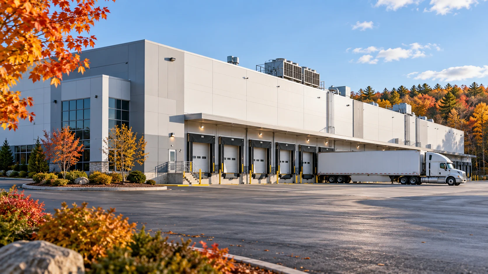 Illustrazione generata con IA di un magazzino logistico con baie di carico e camion; non raffigura Worcester Distribution Center.