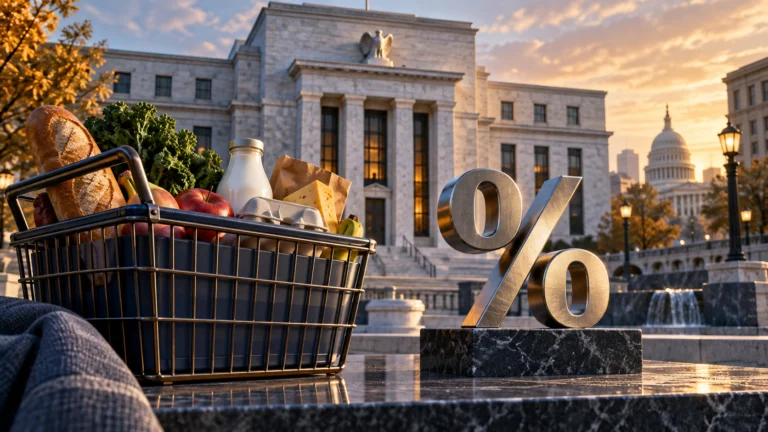 Edificio di una banca centrale con un paniere di beni e un simbolo percentuale, illustrazione del rapporto tra inflazione e tassi negli Stati Uniti
