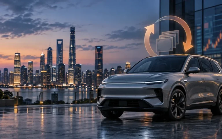 SUV elettrico davanti allo skyline di Shanghai con simbolo astratto di riacquisto azionario