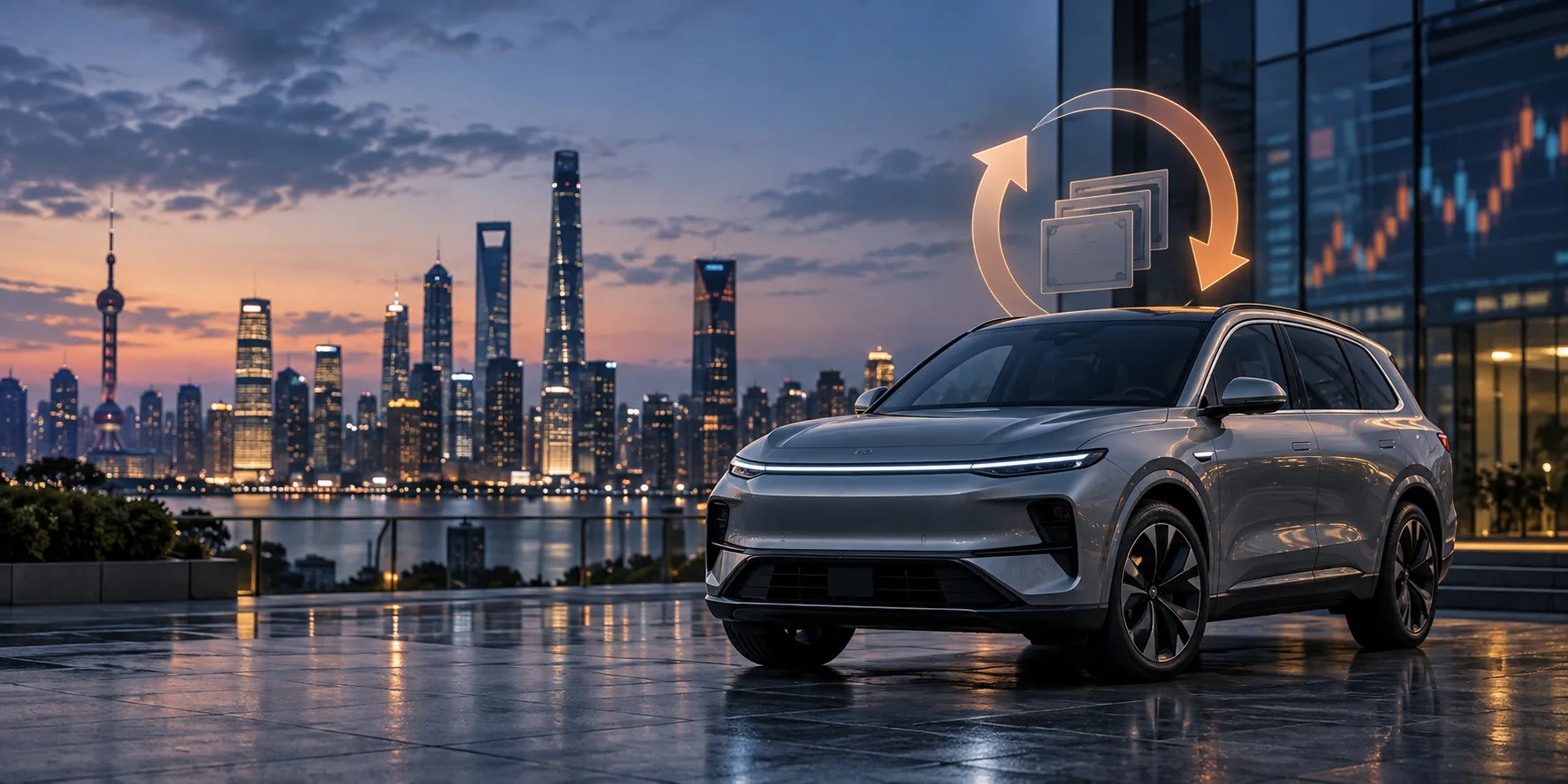 SUV elettrico davanti allo skyline di Shanghai con simbolo astratto di riacquisto azionario