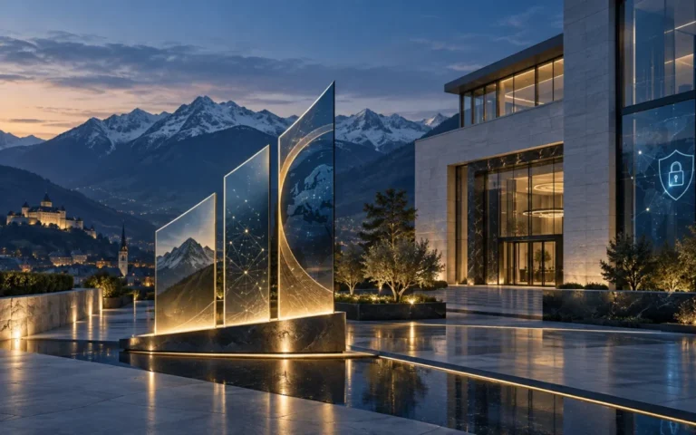 Sede bancaria moderna in Liechtenstein con simboli di crescita digitale e resilienza