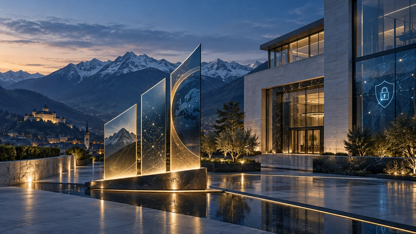 Sede bancaria moderna in Liechtenstein con simboli di crescita digitale e resilienza