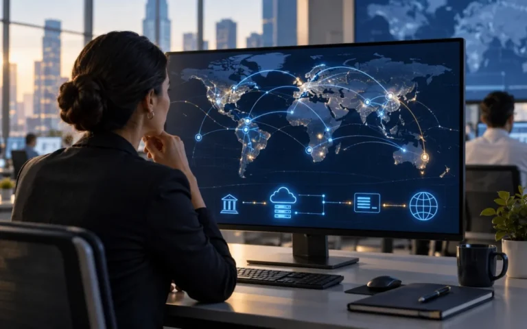 Illustrazione generata con IA di una professionista che osserva un diagramma astratto di pagamenti internazionali; non mostra sistemi reali di Mambu o Mastercard.