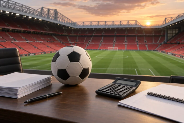 Illustrazione di un pallone e documenti finanziari davanti a uno stadio di calcio con tribune rosse