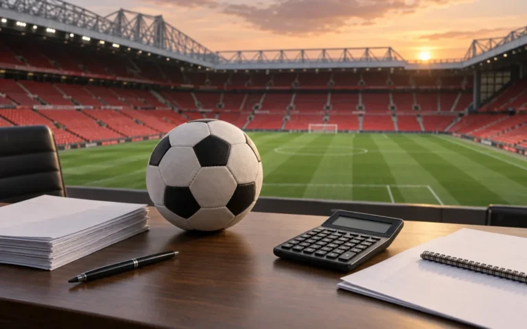 Illustrazione di un pallone e documenti finanziari davanti a uno stadio di calcio con tribune rosse