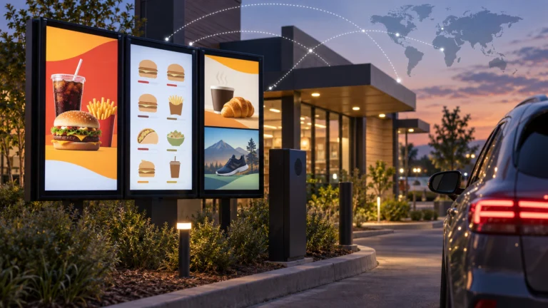 Illustrazione di un drive-thru con menu digitali e annunci di terzi in un ristorante generico