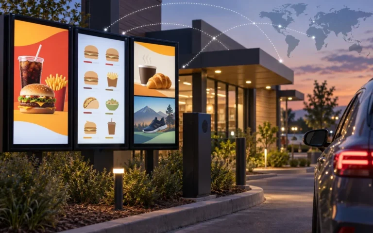 Illustrazione di un drive-thru con menu digitali e annunci di terzi in un ristorante generico