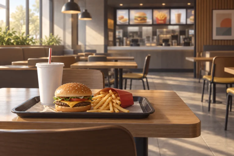 Illustrazione di un vassoio con hamburger, patatine e bevanda in una sala fast food con tavoli vuoti