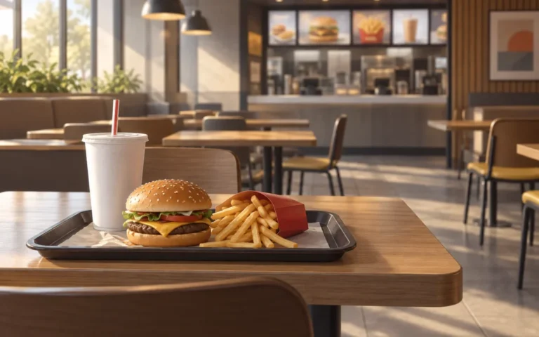 Illustrazione di un vassoio con hamburger, patatine e bevanda in una sala fast food con tavoli vuoti