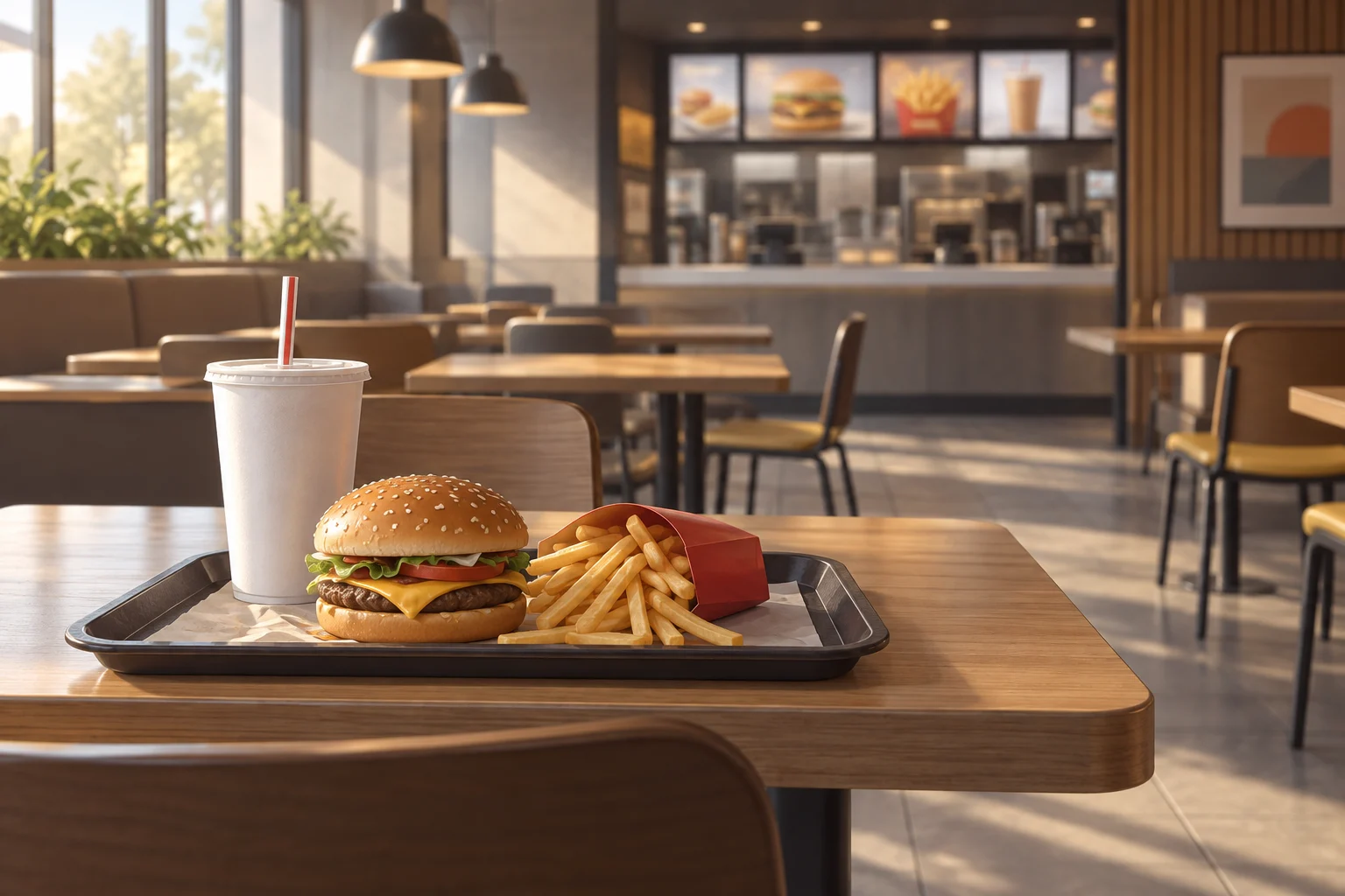 Illustrazione di un vassoio con hamburger, patatine e bevanda in una sala fast food con tavoli vuoti