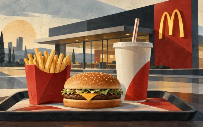 Illustrazione editoriale di un hamburger con patatine e bibita davanti a un ristorante McDonald’s