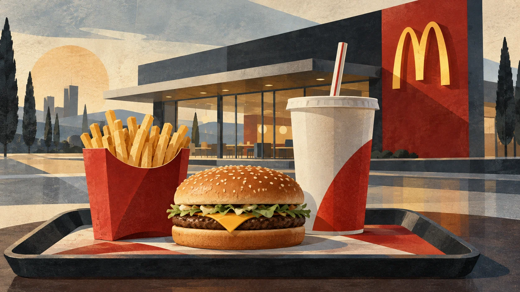 Illustrazione editoriale di un hamburger con patatine e bibita davanti a un ristorante McDonald’s