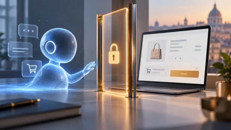 Illustrazione di un assistente AI davanti a un’interfaccia di acquisto online, senza marchi