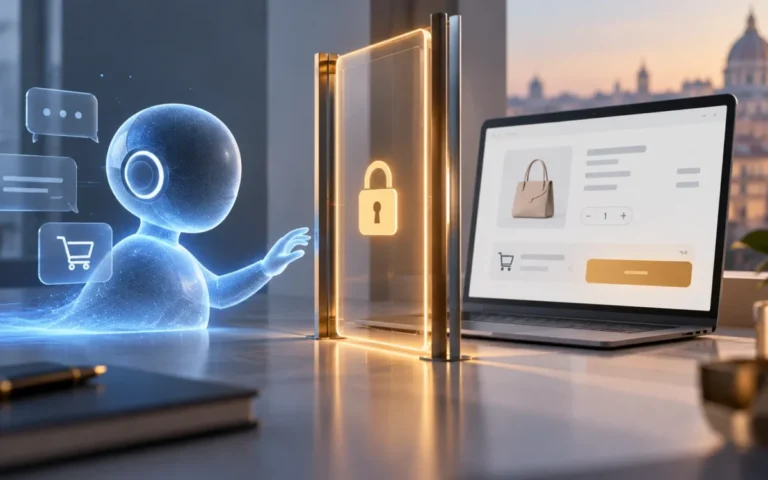 Illustrazione di un assistente AI davanti a un’interfaccia di acquisto online, senza marchi