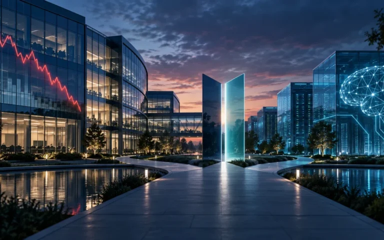 Illustrazione di un campus tecnologico con un grafico di Borsa in calo e infrastrutture per l'intelligenza artificiale