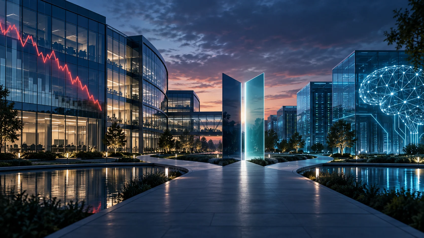 Illustrazione di un campus tecnologico con un grafico di Borsa in calo e infrastrutture per l'intelligenza artificiale
