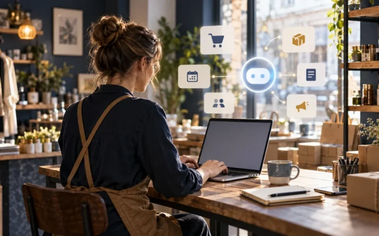 Illustrazione generata con IA di una titolare di piccola impresa che coordina ordini e attività digitali; non mostra l’interfaccia reale di Muse.