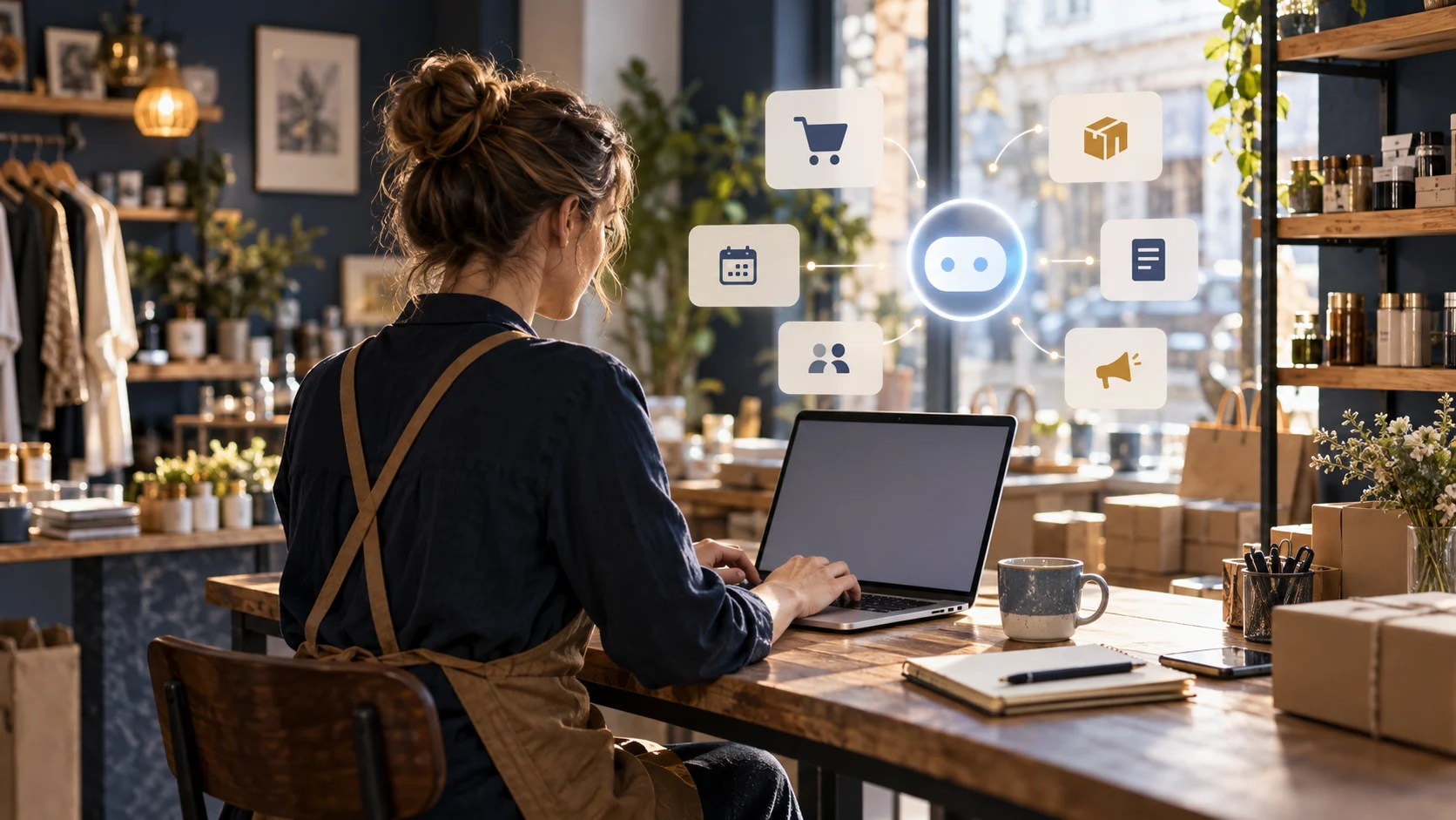 Illustrazione generata con IA di una titolare di piccola impresa che coordina ordini e attività digitali; non mostra l’interfaccia reale di Muse.