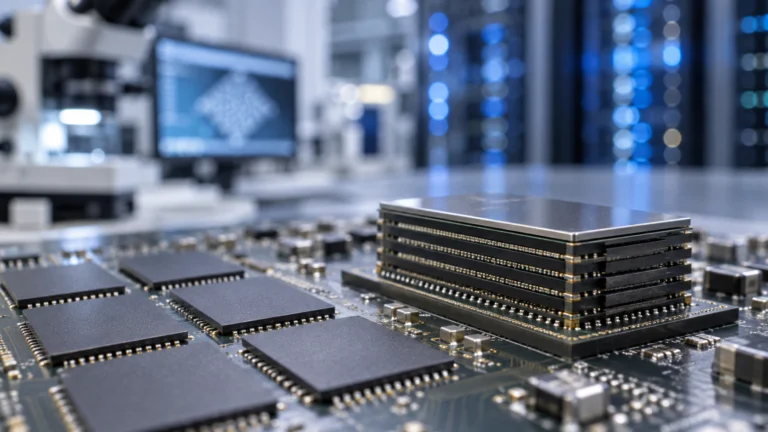 Illustrazione di chip di memoria e modulo impilato su una scheda elettronica in laboratorio