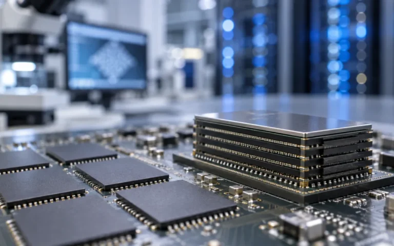 Illustrazione di chip di memoria e modulo impilato su una scheda elettronica in laboratorio