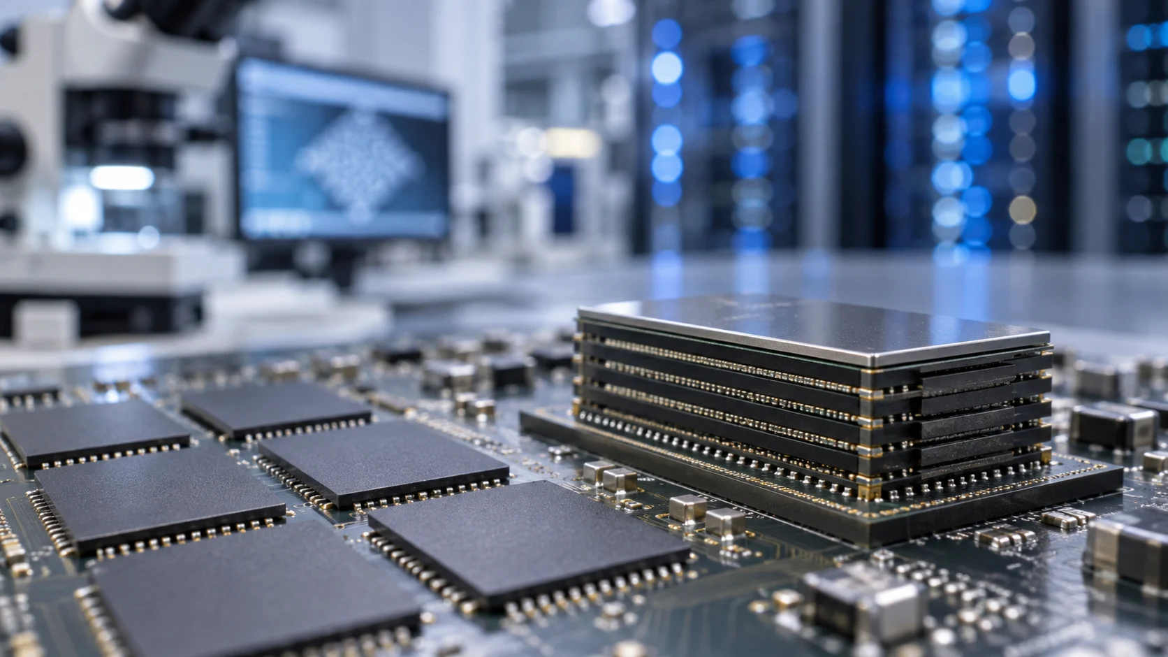 Illustrazione di chip di memoria e modulo impilato su una scheda elettronica in laboratorio