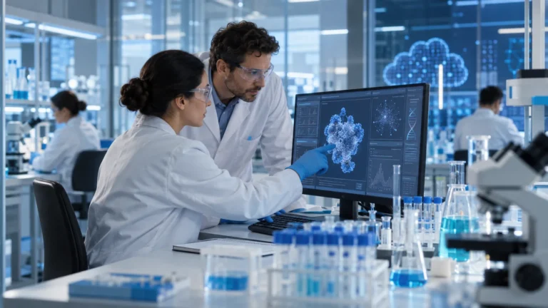 Ricercatori analizzano dati con strumenti di intelligenza artificiale in un laboratorio farmaceutico