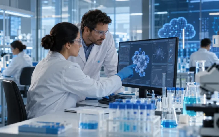 Ricercatori analizzano dati con strumenti di intelligenza artificiale in un laboratorio farmaceutico