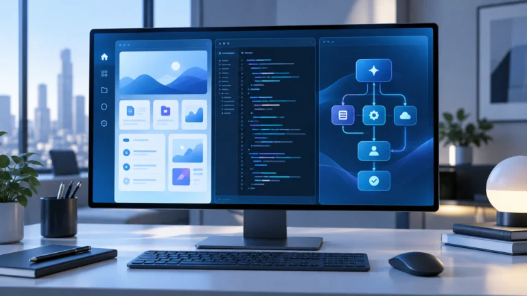 Illustrazione concettuale di una postazione di lavoro con tre aree digitali dedicate a documenti, codice e agenti IA.