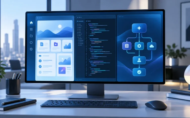 Illustrazione concettuale di una postazione di lavoro con tre aree digitali dedicate a documenti, codice e agenti IA.