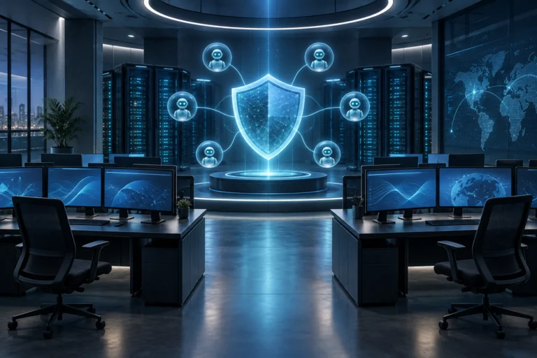 Illustrazione di un centro operativo di sicurezza con server, schermi e uno scudo digitale collegato ad agenti IA
