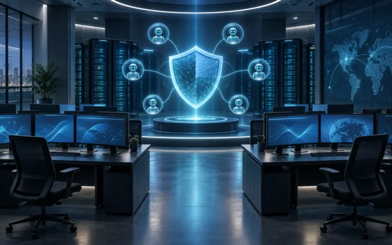 Illustrazione di un centro operativo di sicurezza con server, schermi e uno scudo digitale collegato ad agenti IA