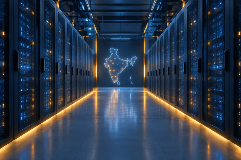 Illustrazione di una sala server con una sagoma luminosa dell’India