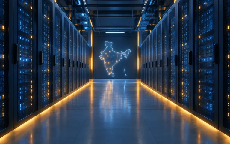 Illustrazione di una sala server con una sagoma luminosa dell’India