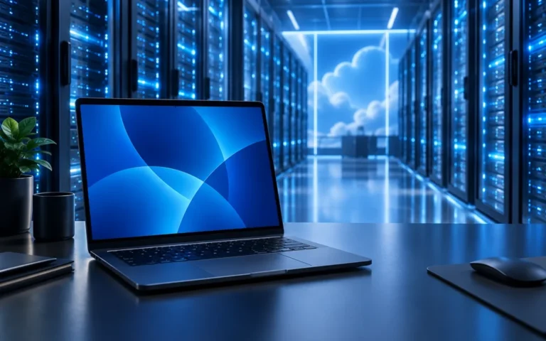 Illustrazione di un computer aziendale davanti a server illuminati di blu, dedicata al cloud e all’intelligenza artificiale