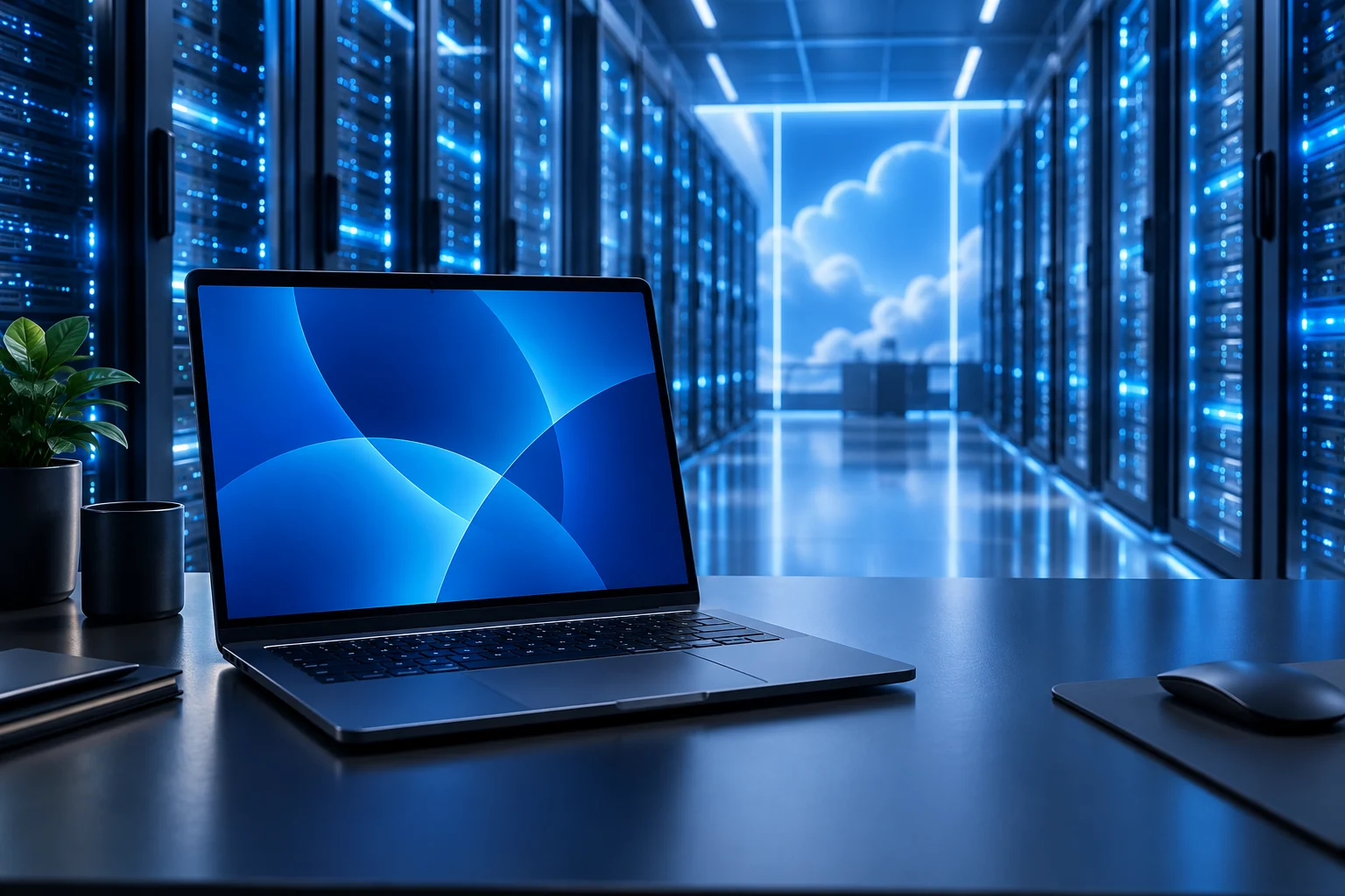 Illustrazione di un computer aziendale davanti a server illuminati di blu, dedicata al cloud e all’intelligenza artificiale