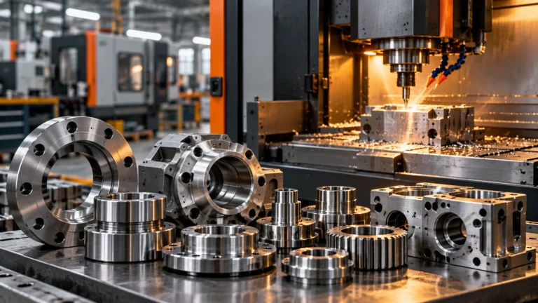 Illustrazione generata con IA di componenti metallici e una macchina CNC; non raffigura gli stabilimenti reali di MS XTEC o IDAS.