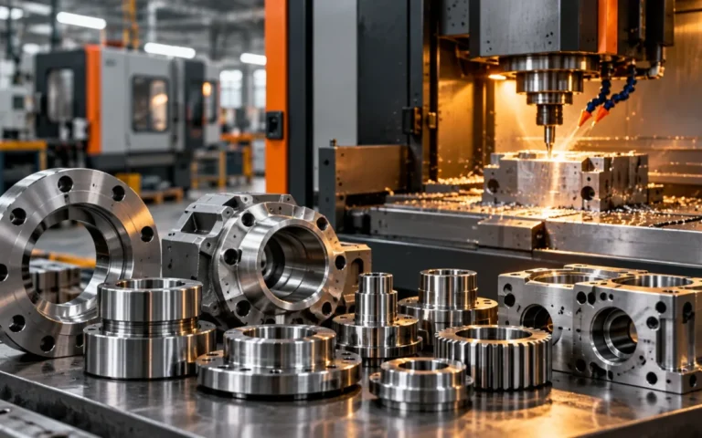 Illustrazione generata con IA di componenti metallici e una macchina CNC; non raffigura gli stabilimenti reali di MS XTEC o IDAS.