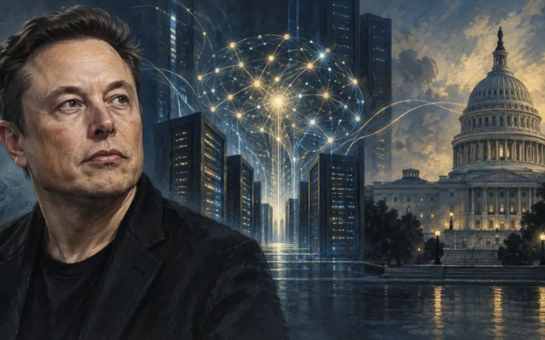 Illustrazione di Elon Musk con infrastrutture digitali e il Campidoglio sullo sfondo