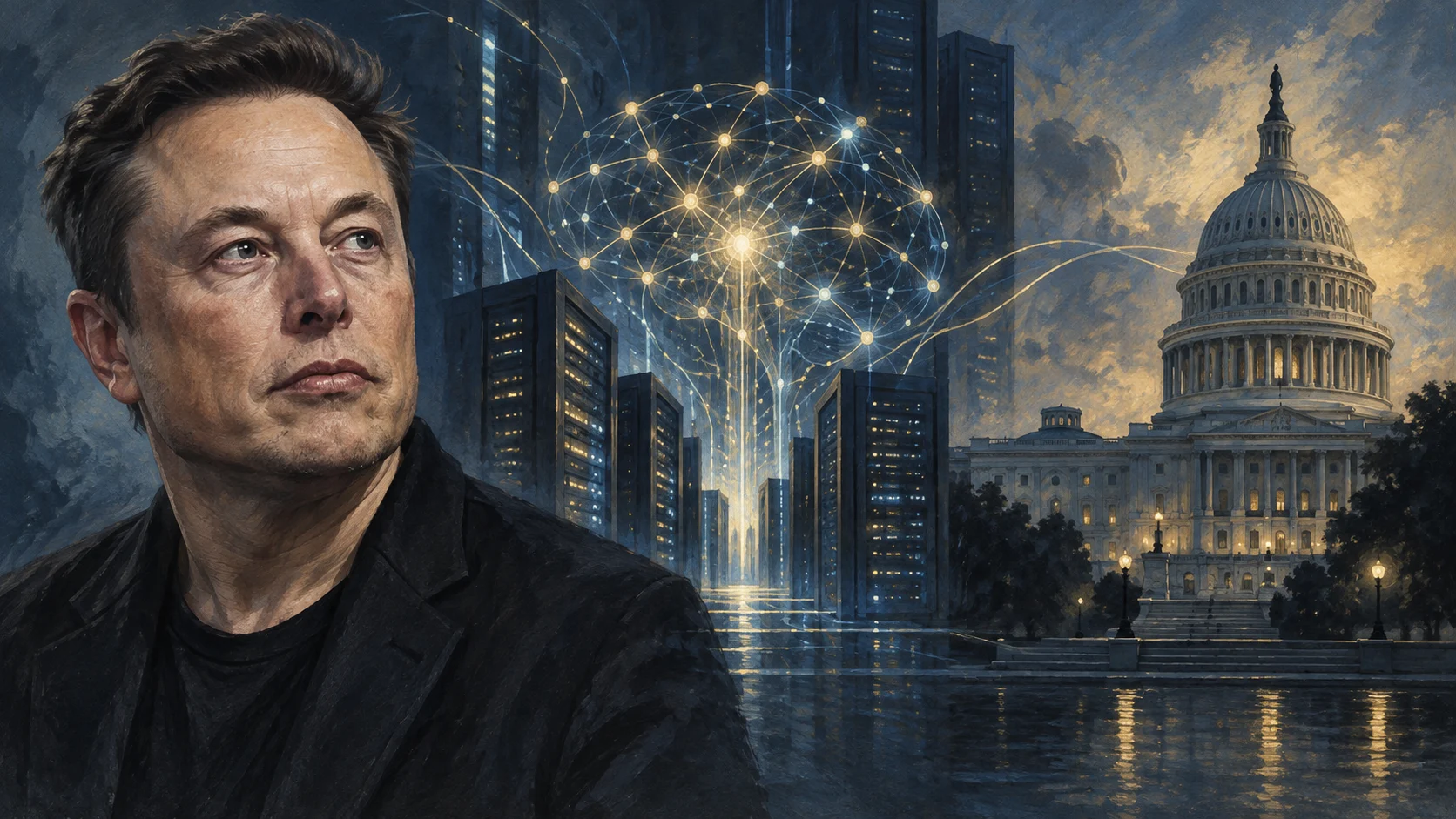 Illustrazione di Elon Musk con infrastrutture digitali e il Campidoglio sullo sfondo
