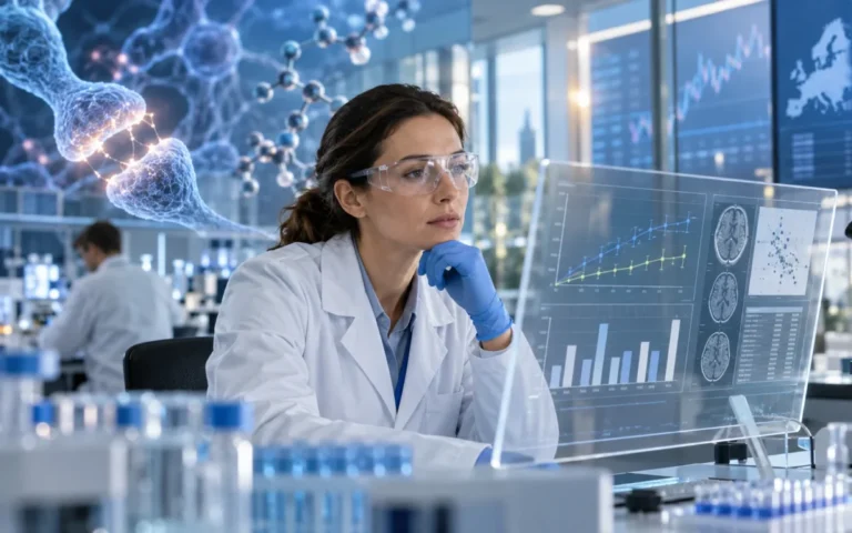 Ricercatrice in laboratorio davanti a dati clinici e a un modello di connessioni neuronali