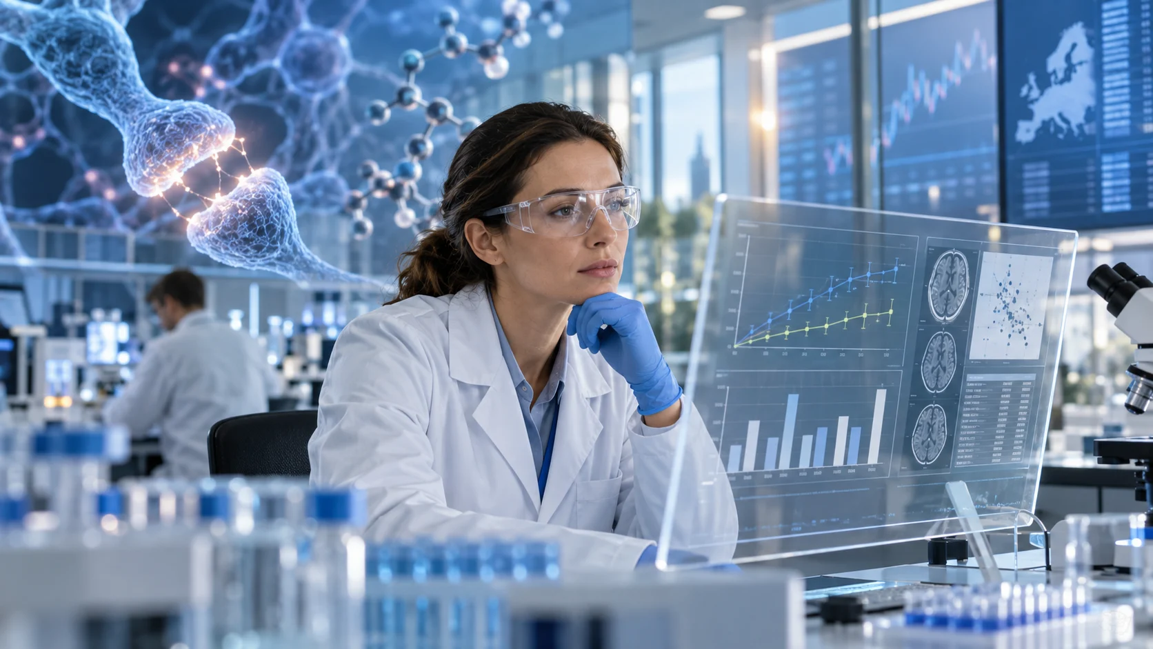 Ricercatrice in laboratorio davanti a dati clinici e a un modello di connessioni neuronali